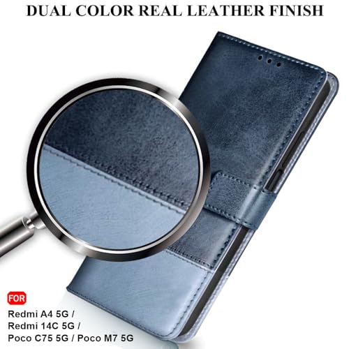 Image of TheGiftKart Flip Back Cover Case for Mi Redmi A4 5G / Redmi 14C 5G / Poco C75 5G / Poco M7 5G | Dual-Color Leather Finish | Inbuilt Stand & Pockets | Flip Back Cover (Faux Leather, Blue & Sky)