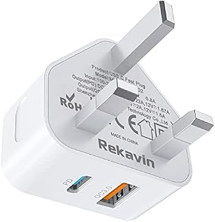 USB C Plug Fast Charge Plug,Rekavin 20W USB Type C and USB Wall Plug Power Adapter UK Fast Charging for iPhone 14/14 Pro/14 Pro Max/13/13 Pro/13 Pro Max/12/12 Pro/12 Pro Max/11/11 Pro,iPad,Samsung
