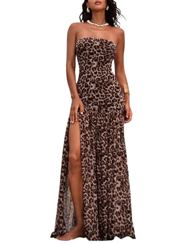 SweatyRocks Maxikleid Damen Sommer Elegant Bandeau Kleid Leo Kleid Mit Schlitz Sommerkleid Mesh Kleider Lang Strandkleid Party Outfit Leo M