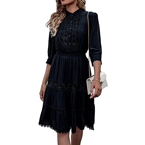 Vestido Informal de Encaje Bohemio con Cuello Redondo para Mujer, Túnica, Línea A, hasta la Rodilla(L-Negro) Cover