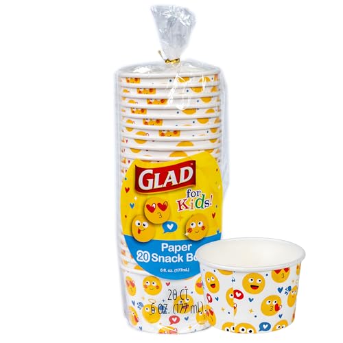 Glad for Kids Emoji Print Snack Bowls - Soak-Proof Microwave-Safe Disposable Mini Paper Bowls for Kids Snack Time Parties and Playdates No Lids 6 oz 20 Count