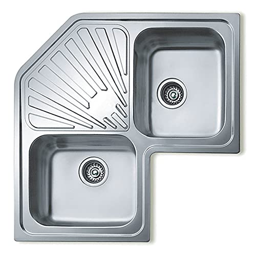 Teka TEK-10118005 Angular 2C Eckspüle 90 cm | 2 Becken und Abtropffläche | Edelstahl | Korbventil 3½ Zoll + Siphon | Grau | 83 x 19 x 83 cm