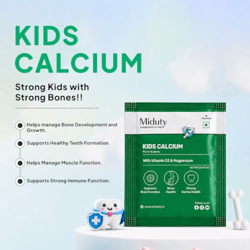 Image of Miduty Kids Calcium - Vitamin D3, K2 & Magnesium - Chewables - Strong Bones & Teeth - Mint-Flavored, Sugar-Free Calcium Supplement for Active & Picky Eaters - 4 Chewables