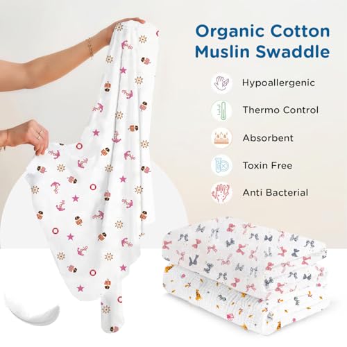 Image of Mee Mee 100% Muslin Cotton Baby Swaddle Wrappers Set (PK-3)| Baby Towel| Soft, Quick-Drying & Highly Absorbent Blanket | Printed Mulmul Swaddle Cloth,Newborn Essentials (Multicolour, 120x100 cm)