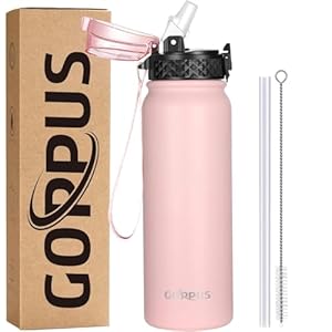 GOPPUS 600ml/20oz Stainless Water Bottle with Straw Double Wall Insulated Bottles with Strap Reusable Vacuum Thermal Flask Leakproof Keep Cold Drinks Bottles with Flip Top Lid for Men Women BPA Free