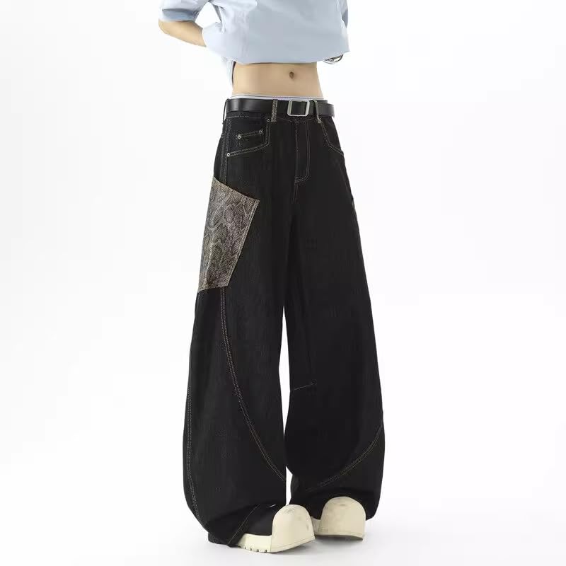 Men's American Retro Color Block Denim Jeans Wide Leg4