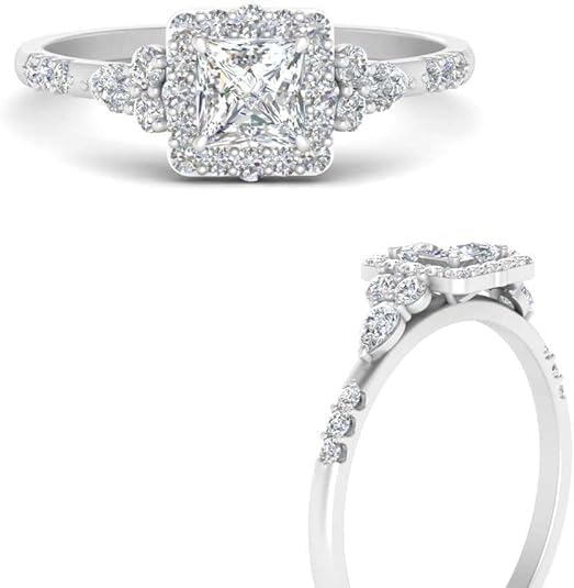 Image of Choose Your Color 925 Sterling Silver Princess Shape Petite Engagement Rings Halo Edwardian Engagement Ring Everyday Wedding Jewelry Handmade Gifts for Wife : US Size 4 to 12