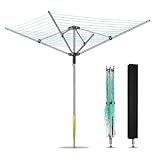 DFENG Wäschespinne Draußen Wäscheständer Wäscheschirm für Garten mit Metall Bodenhülse, Schutzhülle und 50M Grün Wäscheleine, 4-armig extra groß Wäschespinnen Outdoor