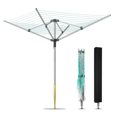 DFENG Séchoir à linge rotatif - Avec douille de sol - 50 m - 4 bras - Extra large - Pour le jardin et l'extérieur