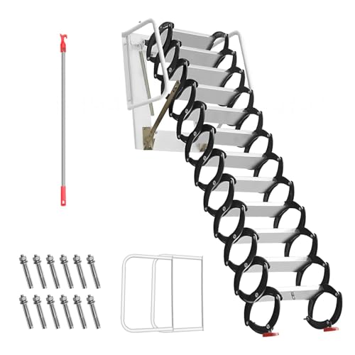 12 Steps Wall-Mounted Folding Stairs, Extra Wider 28 in Attic Stairs, Retractable Loft Foldable Ladder with 2 Handrails, for Height 10 Ft, Stairs Pull Down System 1200 Lbs Capacit (Black and White)