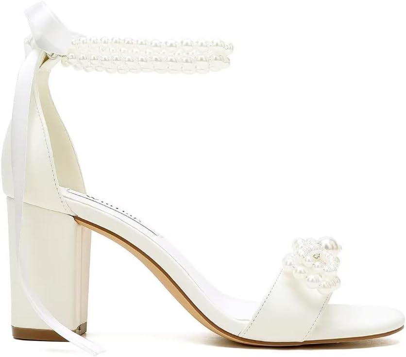 Pearl Heels Bridal Shoes Wedding Shoes for Bride Block Heel Wedding Sandals Wedding Heels with Bow - Image 4