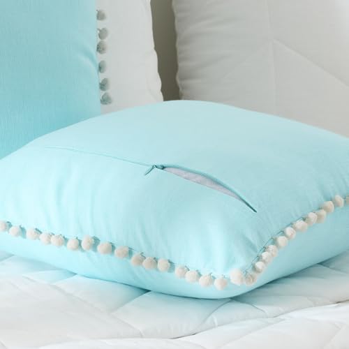 Image of 100% Cotton Pom Pom Cushion Without Filler, Elegant & Modern Cushion Cover for Living Room, Square Shape, 16 inchx16 inch, uni Chambray, Set of 5 - Baby Blue