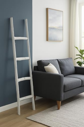 Biscottini Scaletta porta asciugamani bagno 39X7X132 - Scala Decorativa in Legno Bianca - Scaletta legno appendi asciugamani - Scala portasciugamani - Portasciugamani da parete Metallo, Bambu