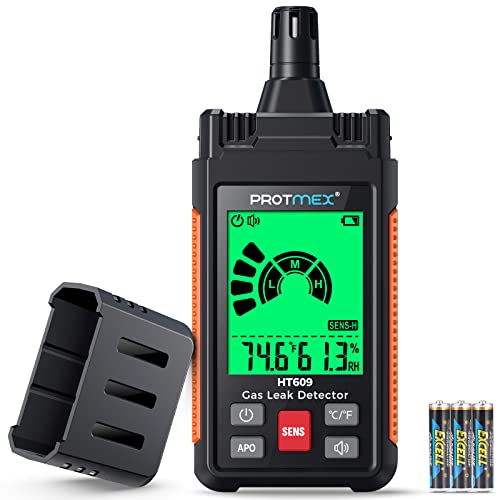 Gas Leak Detector, Protmex HT609 Natural Gas Detector with Audible & Visual Alarm, Temp and Humidity Measure, Portable Gas Sniffer to Locate Combustible Gas Leak Sources Like Methane, LPG, LNG, Fuel
