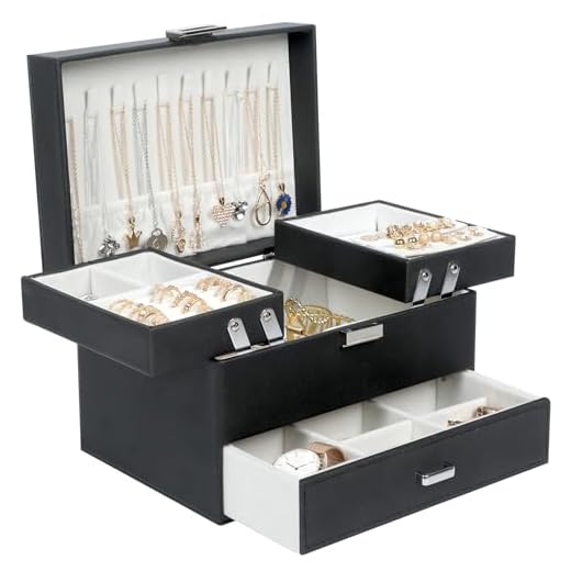 Dajasan Schmuckkästchen, Schmuckaufbewahrung, Groß Schmuckschatulle mit 1 Schubladen, 3 Ebenen Schmuckbox für Ringe, Ohrringe, Halskette, Armbänder, Uhren (Schwarz)