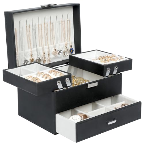 Dajasan Boite a Bijoux Femme, Boîte à Bijoux, 3 Couches Grande Boite Bijoux, Coffret a Bijoux pour Anneaux, Boucles d'oreilles, Colliers, Bracelets (Noir)