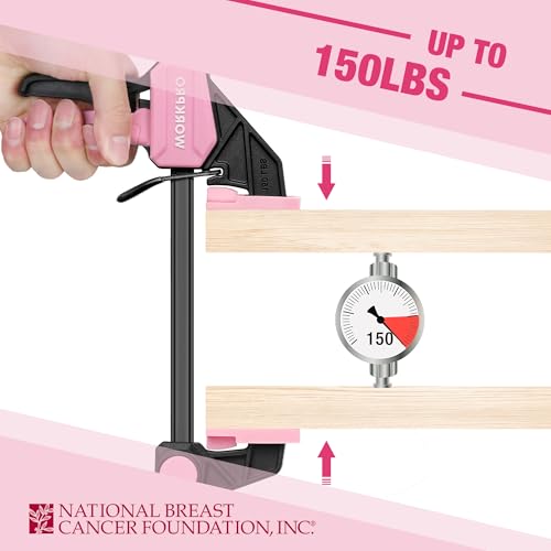 Image of WORKPRO Bar Clamps for Woodworking, 6-Pack One-Handed Clamp /Spreader, 4PC 6 inch and 2PC 12 inch Wood Clamp Set, Light-Duty Quick-Change F Clamps with 150 lbs Load Limit, Pink Ribbon
