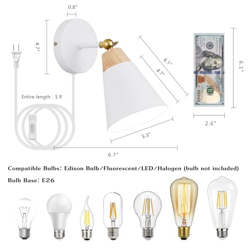 Image of Wall Sconce with Metal Shade, Plug Switch, Indoor Decor Wall Mount Swing Arm Lamp for Bedroom,Hallway,Living Room,Reading, White