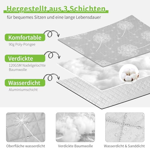 HAUSPROFI Picknickdecke, Wasserdicht XXL Stranddecke, Strandmatte, Picnic Blanket, Campingdecke mit Erdnägel, Tragegriff und Schultergurt für Outdoor, Picknick, Garten, Strand, Camping-200x200cm, Grau