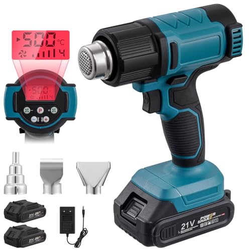 wowspeed Heißluftpistole mit 2 x 1500mAh Akkus und Ladegerät 21V Heißluftpistole Akku mit 3 Düsen 200C 300C Heißluftfön Akku mit LCD Heissluftföhn für DIY-Handwerk Schrumpfen Heizung Löten