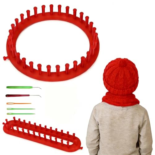 KLEHOPE Kit Tricotin Manuel, 2 Pièces Anneaux à Tricoter Rouges (19 cm Rond et 26 cm Long), Inclus Aiguille à Crochet et Aiguille Plastique pour Écharpes...