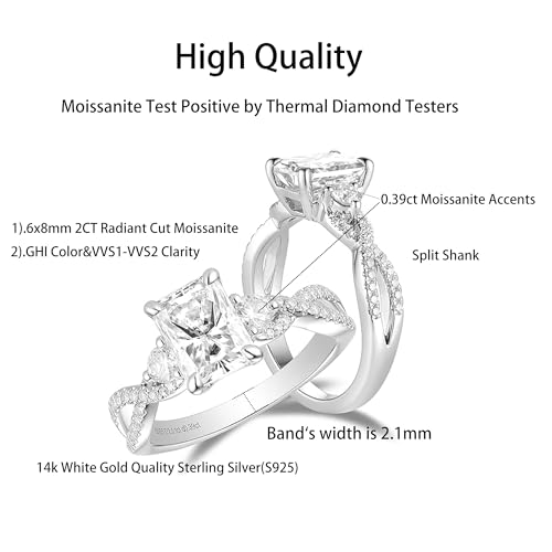 DovEggs Moissanite Wedding Ring Sets for Women 2ct GHI Color Radiant Cut Moissanite Split Shank Women`s Engagement Ring Anniversary Accents 14K Gold Quality Sterling Silver Promise Rings2