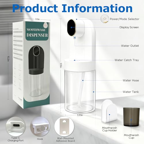 Image of Automatic Mouthwash Dispenser for Bathroom, 21.12oz(600 ml)Touchless Smart Mouth Wash Dispensers Bathroom Accessories Set with 2 Magnetic Cups, 4 Modes Wall Mounted Mouth Wash Dispenser for Home & Kid