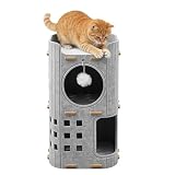 Cueva para gatos de fieltro de 2 pisos, casa para gatos interior con pelota de juego, 60 x 37 x 37 cm, plegable, porosa, para dormir, jugar a esconderse, resistente al invierno, extraíble y acogedor