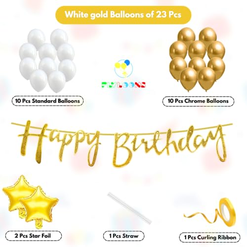 Image of Flyloons Happy Birthday Decoration Kit Gold White for Baby Boys Girls Kids Twins Men Women With 20 Pcs Chrome Balloons Birthday Banner 2 Pcs Star Items Set Golden