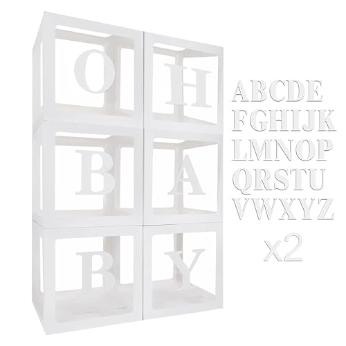 Lot de 6 boîtes de décoration de fête d'anniversaire, boîtes à ballons blanches transparentes avec lettres de A à Z, boîtes de décorations de fête prénatale pour fille et garçon pour décoration de