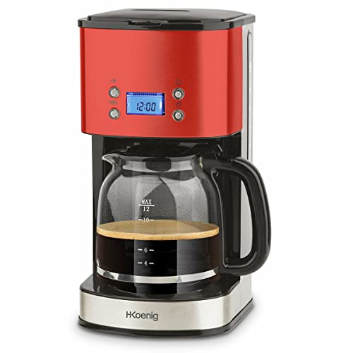 Cafetera de Filtro Programable H.Koenig Acero Inoxidable Rojo 1.5L MG30, 1000W Jarra Graduada de Vidrio, Sistema Antigoteo, Mantener Caliente, Pantalla LCD, Auto Apagado, Portafiltro Lavable Extraíble