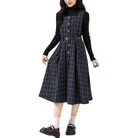 Cuteighteen Sleeveless Plaid Belted Dress for Women Fall Winter Square Collar Wool Midi Overall Pinafore Dress with Pocket (US, Alpha, Large, Regular, Regular, Navy Blue) Cover