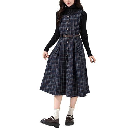 Cuteighteen Ärmelloses, kariertes Kleid mit Gürtel für Damen, Herbst, Winter, quadratischer Kragen, Wolle, Midi-Overall, Latzkleid mit Tasche,...