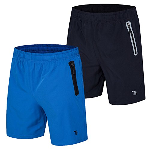 TBMPOY Men's 2 Pack Quick Dry Gym Sport Running Shorts with Zipper Pockets(03,Navy+Color Blue,us S)