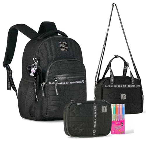 Rebecca Bonbon Kit Escolar, Conjunto com Mochila, Lancheira e Estojo, Acessório Escolar Infantil com Canetas Coloridas, Chaveiro Decorativo, Material Resistente (Preto)