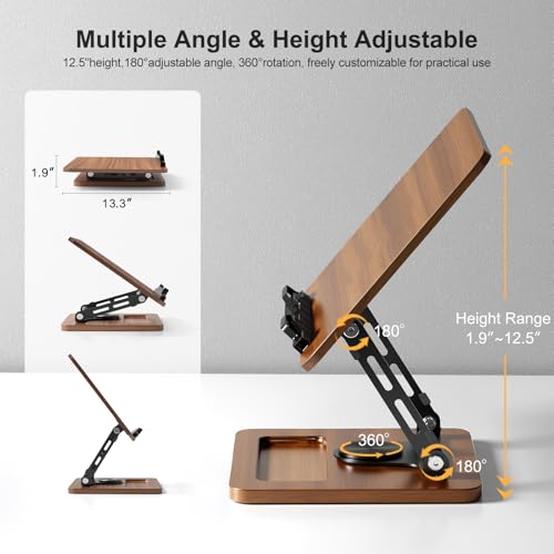 Image of OPTIXCELL Book Stand for Reading, 360 Rotating Hands Free Book Holder, Adjustable Height and Angle, Page Clip for Cookbook, Recipe, Magazine, Laptop,Tablet, Foldable for Kitchen, Office, School