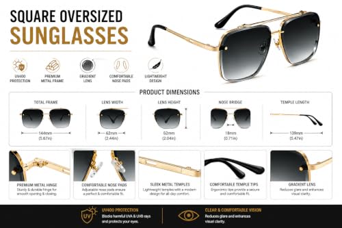 Image of Square Oversized Sunglasses for Men & Women | UV400 Protected Fashion Retro Metal Frame Sunglasses | Vintage Gradient Lens Stylish Eyewear for Driving, Travel & Outdoor