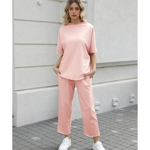 Image of SeeLuNa Women's Two Piece Outfits 3 /4 Batwing Sleeve Capelet Crew Neck Pullover Top Wide Leg Pants Lounge Set