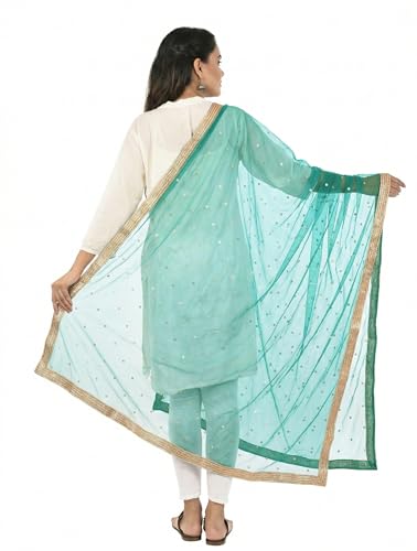 Image of YOUTHQUAKE Women's Net Embroidered Full Size Dupatta With 4 Side Golden Lace