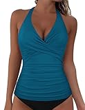 Mycoco Women Tankini Halter Tops with Underwire Bra Support Full Coverage Tummy Control Swim Top High Support Bathing Suit Brilliant Blue US 14