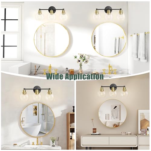 Image of 3 Light Bathroom Light Fixtures, Black and Gold Bathroom Vanity Lights, Modern Vanity Lights 3-Light Globe Bathroom Vanity Lighting Fixture Over Mirror