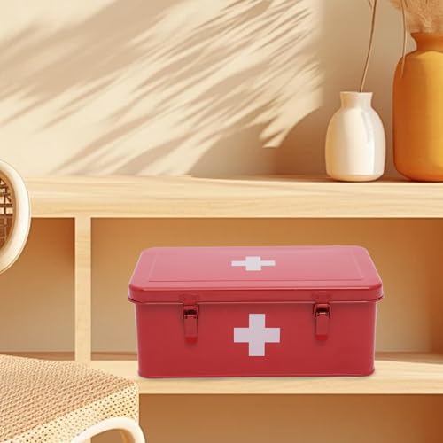 Image of First Aid Box Empty, Metal Medicine Box with Safety Lock, Medical Storage Organizer, First Aid Kit Supplies Organizer for Emergency Set (Red)