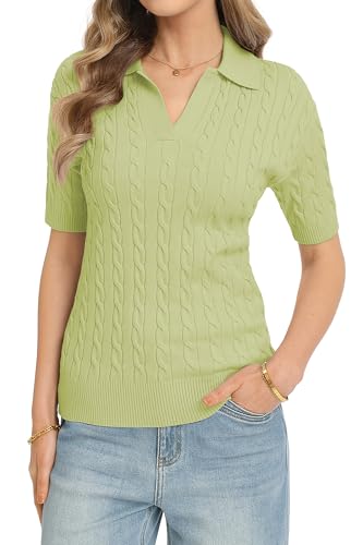 Image of QUALFORT Cable Knit Women's Short Sleeve Sweater Soft V Neck Polo Tops