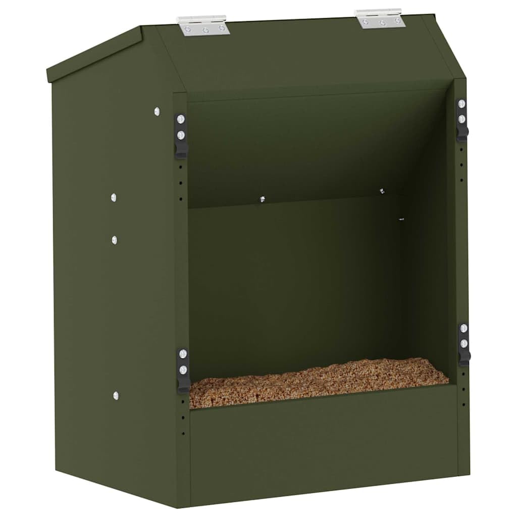 Moderner Kaninchenfutterautomat aus Stahl in Olivgrün – Robuster Kleintierfütterer für drinnen und draußen, 33,5 x 25,5 x 45,5 cm