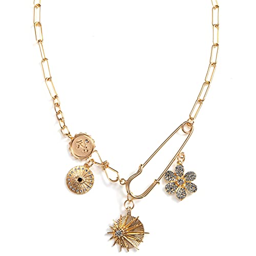 Glod Plated Boho Paperclip Chain Charm Necklace for Women Handmade Evil Eye Sun Moon Star Flower Coin Safety Pin Necklace Celestial Jewelry