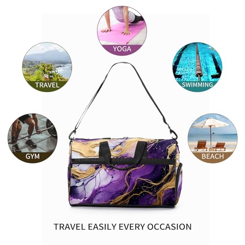 Gym Bag for Women Men, Yoga Bag with Shoe Pocket, Travel Duffel Tote Bag for Plane, Workout, Swimming, Weekend Overnight Bag Carry on Bag Hospital Holdalls, Marble Purple - 2 7