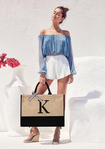 Image of GASSDA Initial Canvas Tote Bag Birthdays Gift for Women Mom Teacher Friend Bridesmaid,Custom for Wedding Beach Holidays