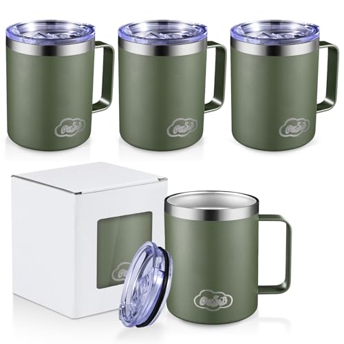 CoolSub 12oz Insulated Coffee Mug with Handle, Stainless Steel Wide Mouth Travel Tumblers with Lid, Double Wall Vacuum Coffee Cup for Camping, Office, Army Green 4 Pack