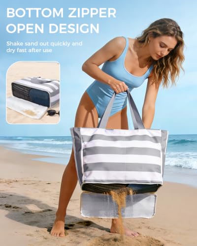 Image of WANDF Beach Bags for Women, Large Waterproof Sandproof Beach Tote Bag with Zipper Family Pool Bags with 40oz Tumbler Pocket, Swim Cruise Vacation Essentials (Grey)