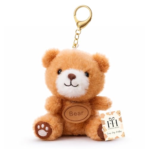 Festive HUES Golden Brown Cute Teddy Bear Keychain with Bear Tag 13cm | Soft Plush Teddy Bag Charms, Cute Keyrings & Keychains for Purse, Backpack, Car & Home Keys | Gifts for Women, Girls & Kids